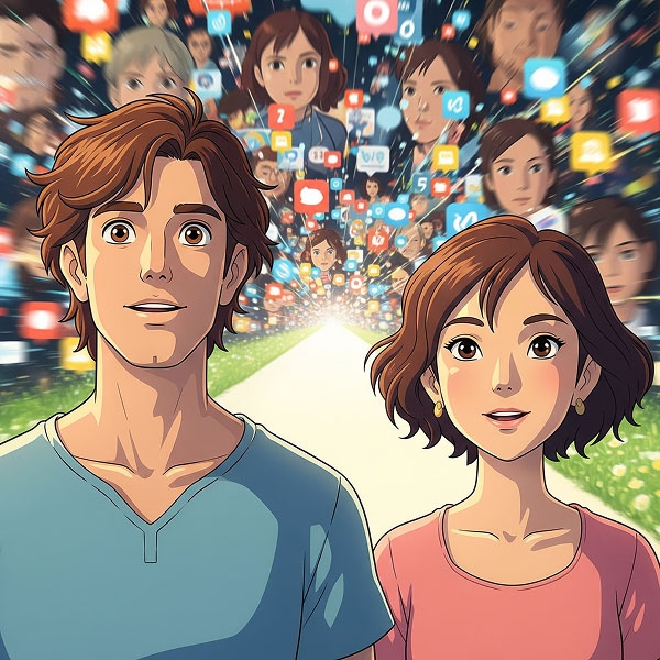 An illustration of a surprised couple standing together in a digital world, surrounded by social media and profile pictures, representing a focused approach to finding a meaningful connection.