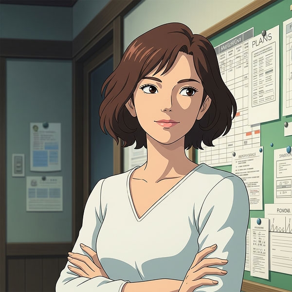 An illustration of a woman with her arms crossed, looking thoughtful next to a bulletin board with papers in an office.