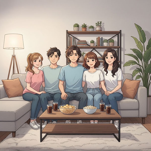 An illustration of a group of happy friends on a couch.