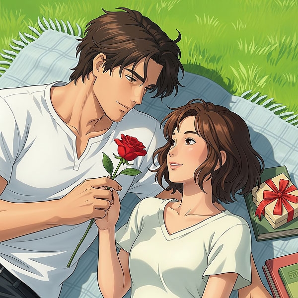 An illustrated couple having a romantic picnic on a blanket, with the man giving the woman a red rose.