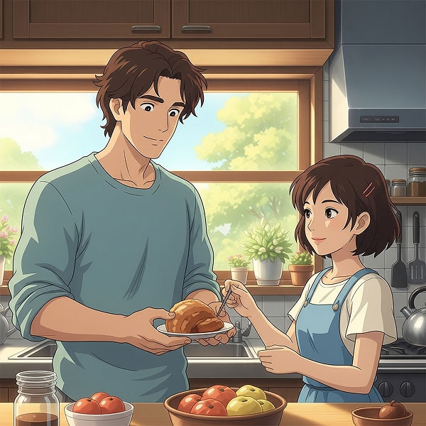 An illustration of a happy couple cooking together in a kitchen, with the man holding a plate of food and the woman smiling, symbolizing the comfort and satisfaction of a meaningful connection.