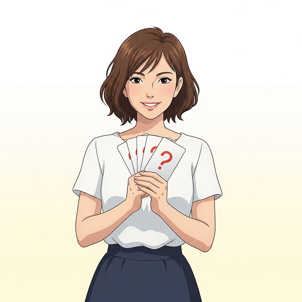 An illustrated woman smiling and holding flashcards with a question mark on one, representing a fun way to ask dating questions.