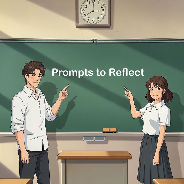 A couple points to the words 'Prompts to Reflect' on a chalkboard, representing thoughtful communication and self-discovery in a relationship.