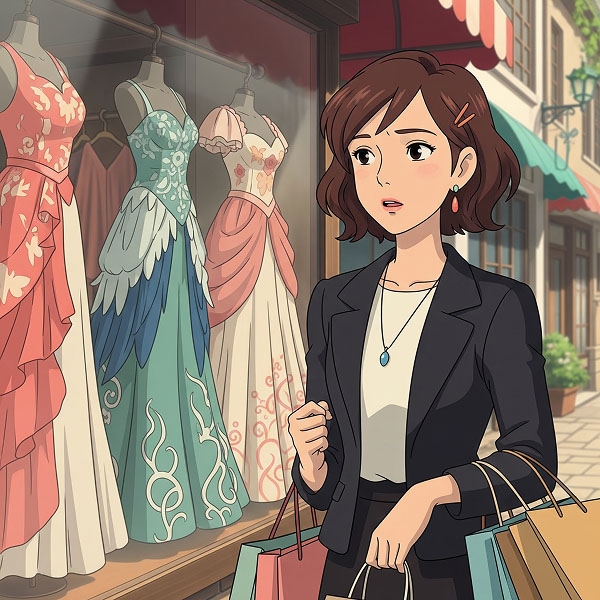 An illustration of a young woman with shopping bags, looking into a store window at a variety of dresses on mannequins with a conflicted expression, representing the paradox of choice in dating.