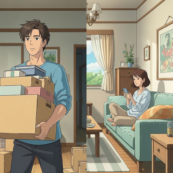 An illustrated man carrying moving boxes while his partner relaxes on a couch.