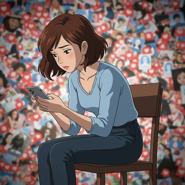 An illustration of a young woman sitting on a chair, looking sadly at her phone, with a background of floating hearts and photos, representing dating app fatigue.