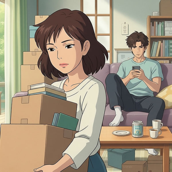 An illustrated woman carrying moving boxes while her partner sits on a couch.