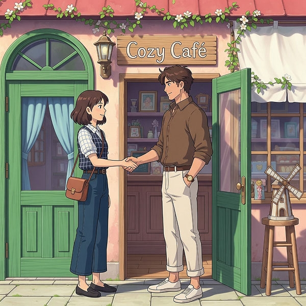 An illustration of a shy couple shaking hands outside a Cozy Café after a successful first date, showing a positive connection from following helpful dating tips.