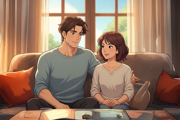 A loving couple on a couch, a happy result of the dating feedback loop.
