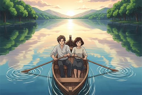 Two people in a boat on a calm lake, rowing in unison as the sun sets.