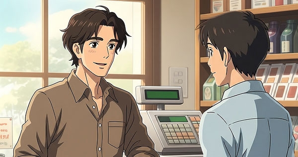 An illustration of two young men having a friendly conversation at a shop counter, representing a pre-date excercise through talking with a friend.