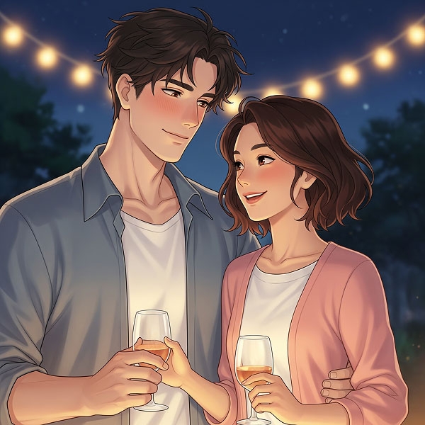 A couple holds glasses under string lights, smiling at each other and cherishing a moment of companionship.