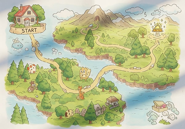 An illustrated fantasy treasure map showing a path from a house to a mountain with a glowing treasure chest as a gathering point.