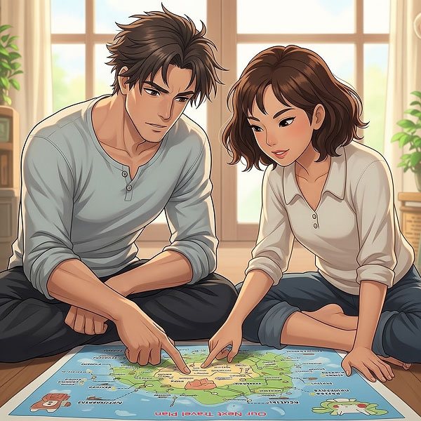 A couple sits on the floor planning a trip on a map, representing their shared future goals.