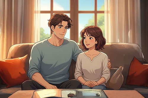 A loving couple on a couch, a happy result of the dating feedback loop.