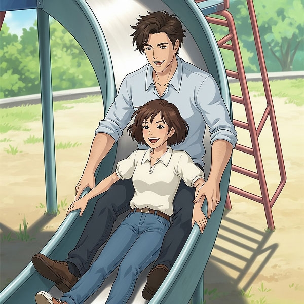 An illustrated couple smiling and having fun together as they slide down a playground slide in a park.