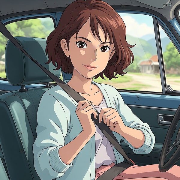 An illustrated young woman with short brown hair sitting in a car, fastening her seatbelt and smiling.