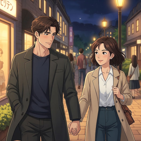 A happy couple holding hands and walking together down a busy street at night.