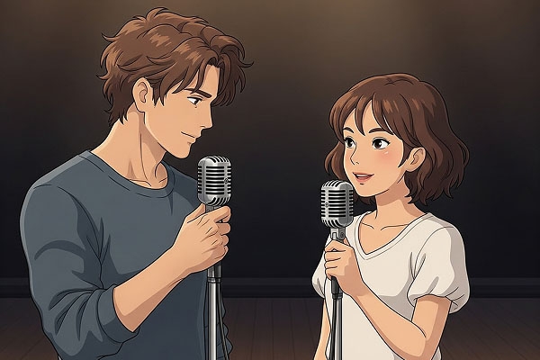 An illustration of a man and a woman holding microphones and looking at each other, representing effective communication in a relationship.
