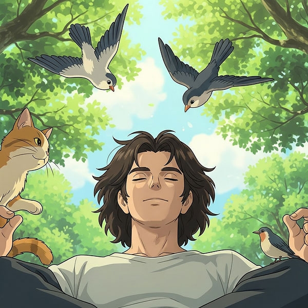 An illustration of a young man meditating peacefully in a park surrounded by animals, symbolizing the importance of finding inner calm and confidence for dating.