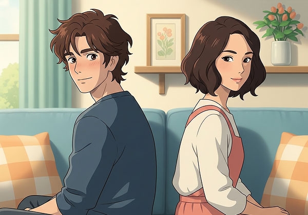 A couple sits back-to-back on a couch, representing the comfortable balance of independence and togetherness in a healthy relationship.