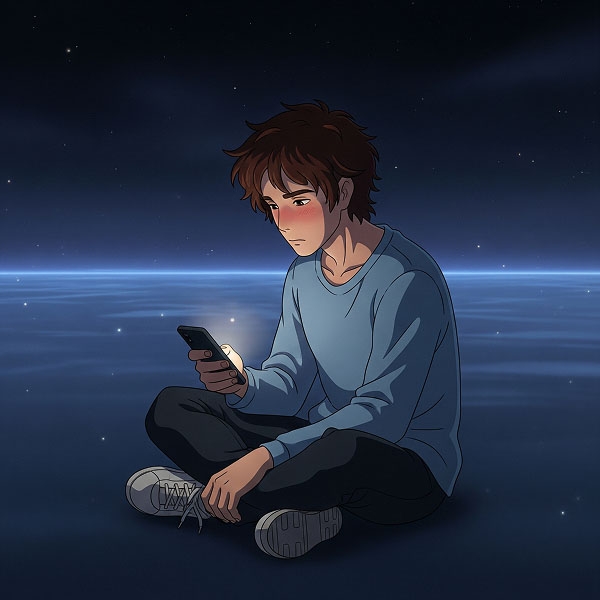 An illustration of a young man sitting alone under a starry sky, looking at his phone with a disappointed expression, symbolizing the feeling of being overlooked on dating apps.