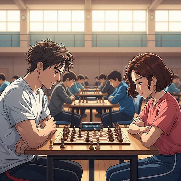 An illustration of a couple playing chess in a tournoment.