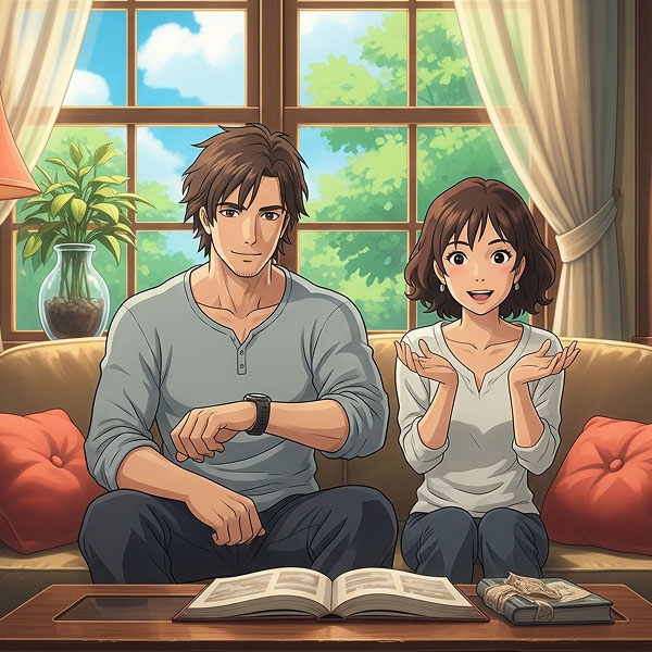 A couple looking surprised while sitting together on a couch, with a book open on the coffee table between them.
