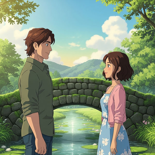 An illustration of a couple standing and smiling at each other on a path over a stream with a stone bridge behind them, symbolizing the beginning of a real, focused connection.