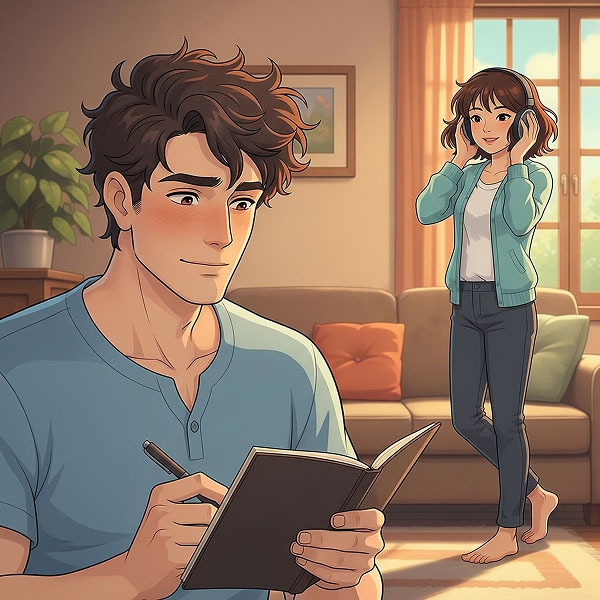An illustrated couple doing separate self-care activities, like journaling and listening to music, together in a cozy living room.