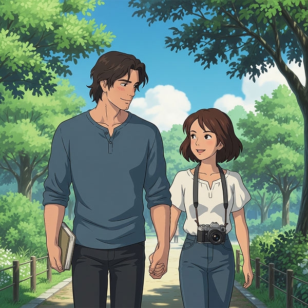 A couple smiling and holding hands while walking in a park, representing the joy of simple moments together.