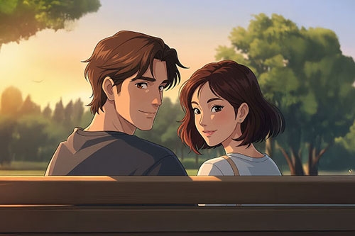 A cartoon couple sits on a park bench, representing the early connection stage of dating.