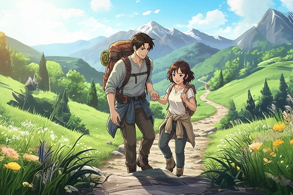 A couple hiking together on a mountain trail, representing the journey of partnership in a relationship.