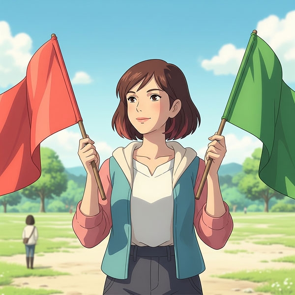 An illustrated young woman holding a red flag in one hand and a green flag in the other.
