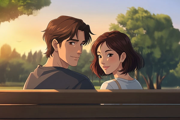 A cartoon couple sits on a park bench, representing the early connection stage of dating.