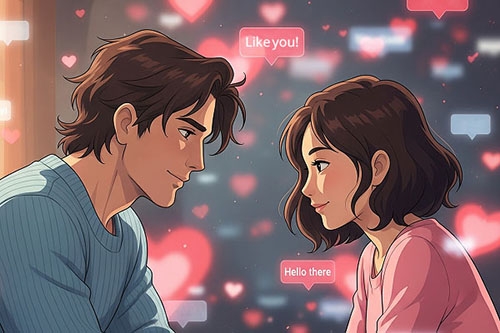 A smiling couple gazing at each other in a digital space filled with hearts and floating chat bubbles, representing the potential for reaching real connection through one conversation at a time approach.