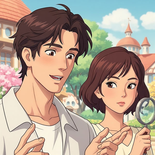 A couple are talking with the woman holding a magnifying glass as they look at something with interest.