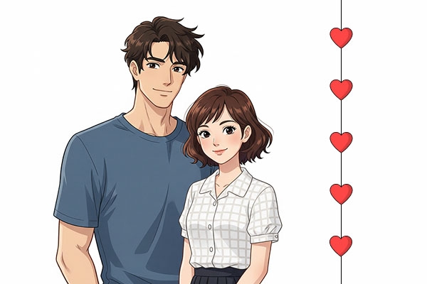 An illustration of a diverse, modern couple standing together, representing the five stages of dating from initial attraction to blissful love.