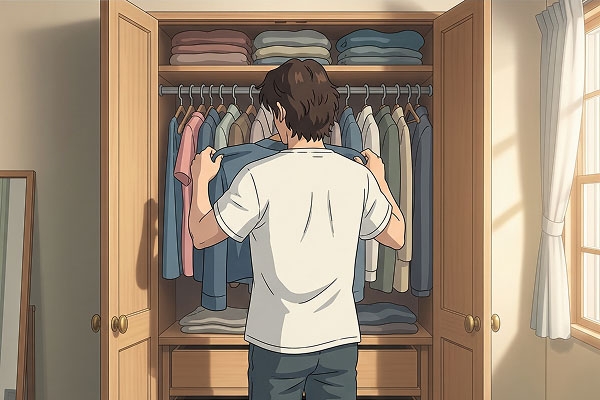 An illustration of a young man looking through his closet, carefully choosing an outfit to wear on a first date.