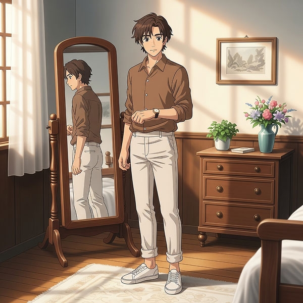 An illustration of a young man confidently checking his appearance in a mirror before leaving for his first date.